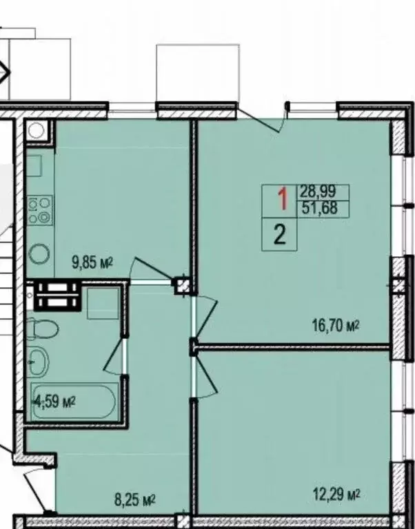 2-комнатная квартира: Заозёрное, Олимпийская улица, 2 (51.7 м) - Фото 1