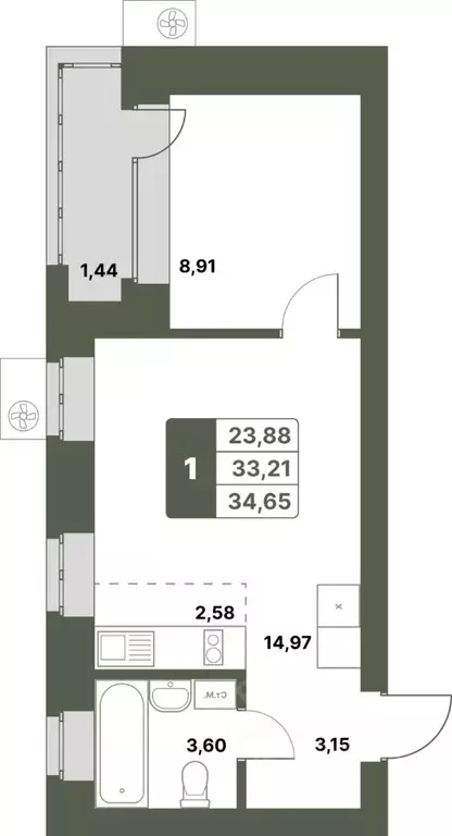 1-к кв. Башкортостан, Уфимский район, с. Миловка  (34.65 м) - Фото 1