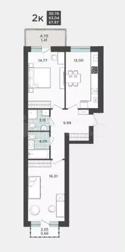 2-к. квартира, 63 м, 9/9 эт. - Фото 1