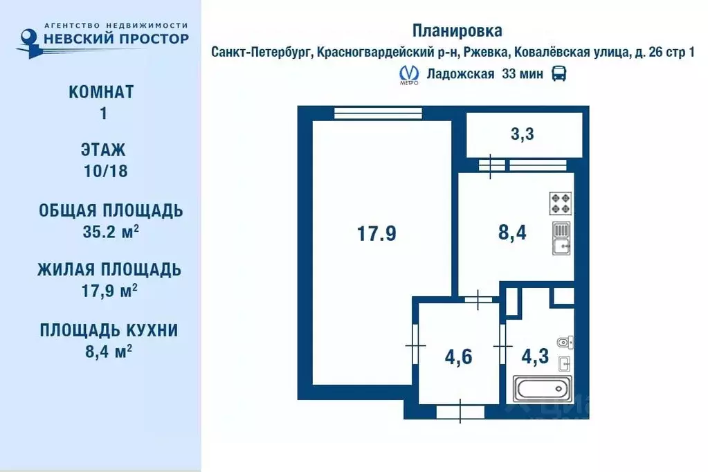 1-к кв. Санкт-Петербург Ковалевская ул., 26 (35.2 м) - Фото 2