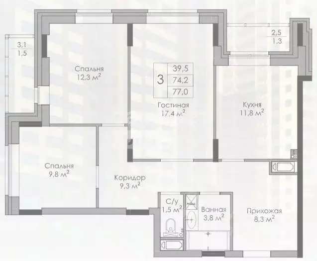 3-к кв. Липецкая область, Липецк Московская ул., 153 (77.0 м) - Фото 1