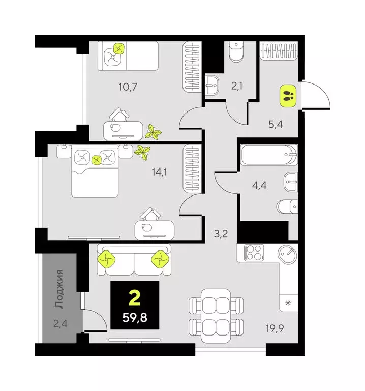2-комнатная квартира: Тюмень, улица Ивана Чистякова, 3 (59.8 м) - Фото 0