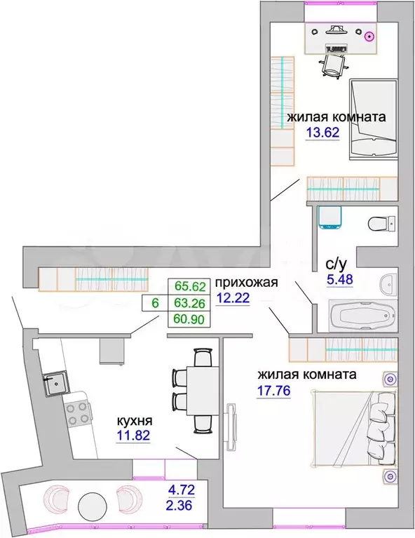 2-к. квартира, 64 м, 2/9 эт. - Фото 0