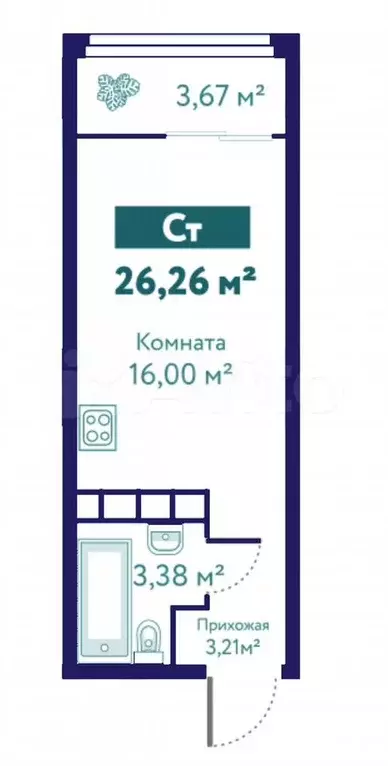 Квартира-студия, 26,3 м, 4/10 эт. - Фото 1