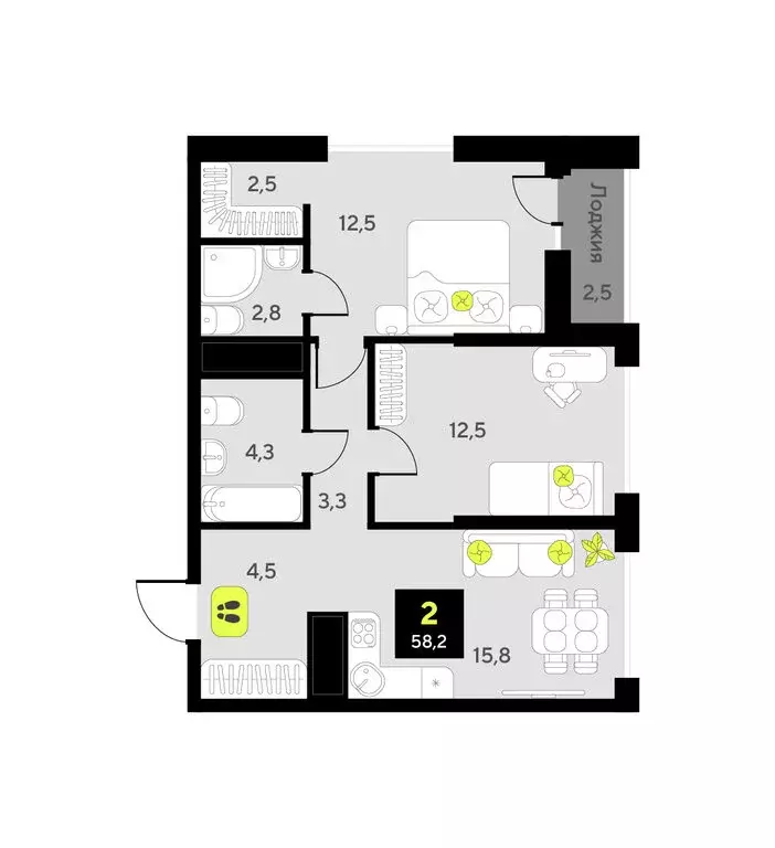 2-комнатная квартира: Тюмень, улица Первооткрывателей, 9 (58.2 м) - Фото 1