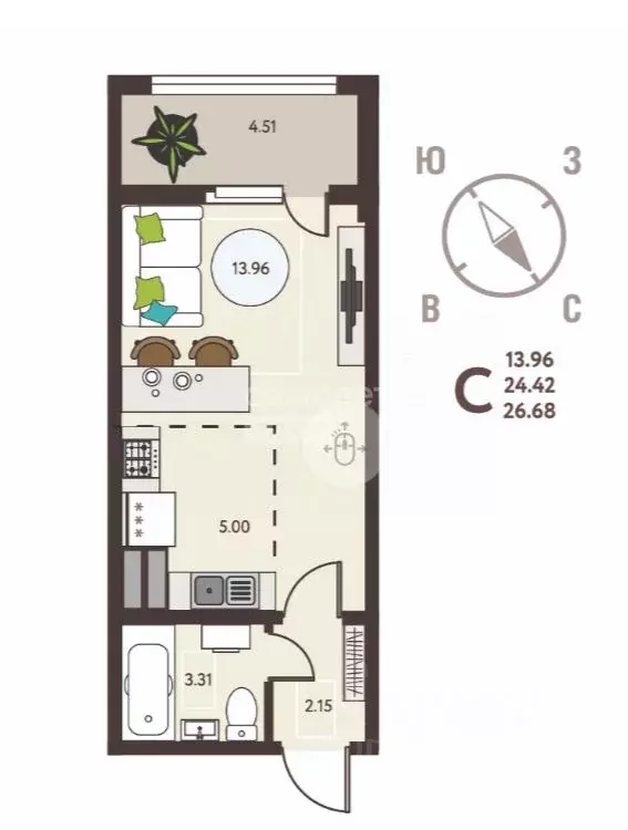 Студия Липецкая область, Липецк ул. Механизаторов, 15Авл1 (27.0 м) - Фото 2