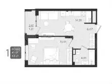 1-к. квартира, 41,9 м, 1/9 эт. - Фото 1