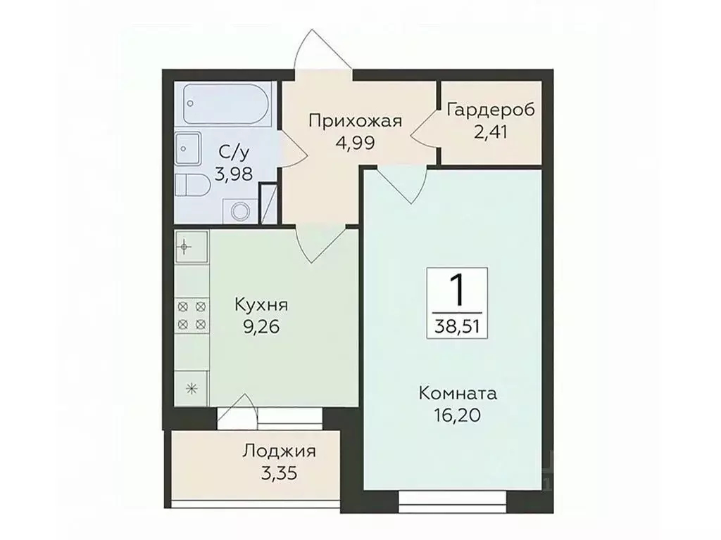 1-к кв. Воронежская область, Воронеж ул. Чапаева, 68Б (38.51 м) - Фото 0