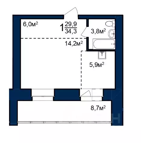 Студия Амурская область, Благовещенск 224-й кв-л,  (34.3 м) - Фото 0