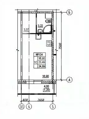 Студия Санкт-Петербург наб. Реки Каменки, 15к1 (24.69 м) - Фото 1