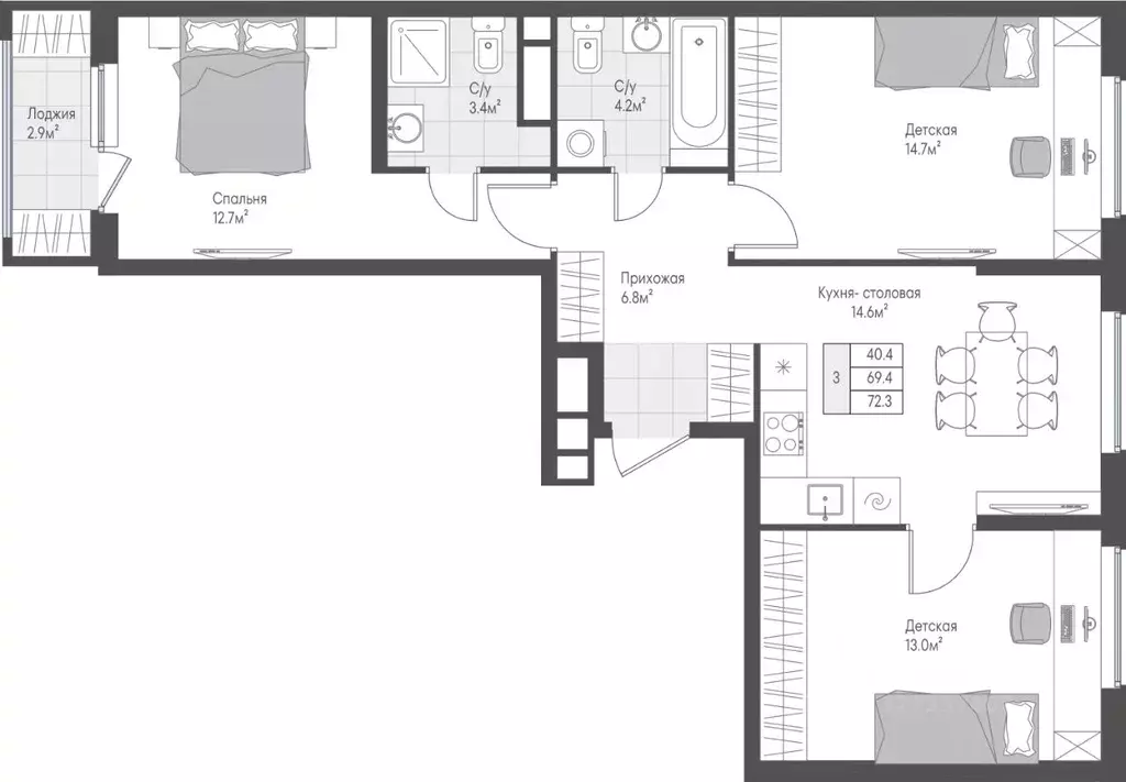 3-к кв. Тверская область, Тверь Лесная Мелодия-3 жилой комплекс (70.9 ... - Фото 2