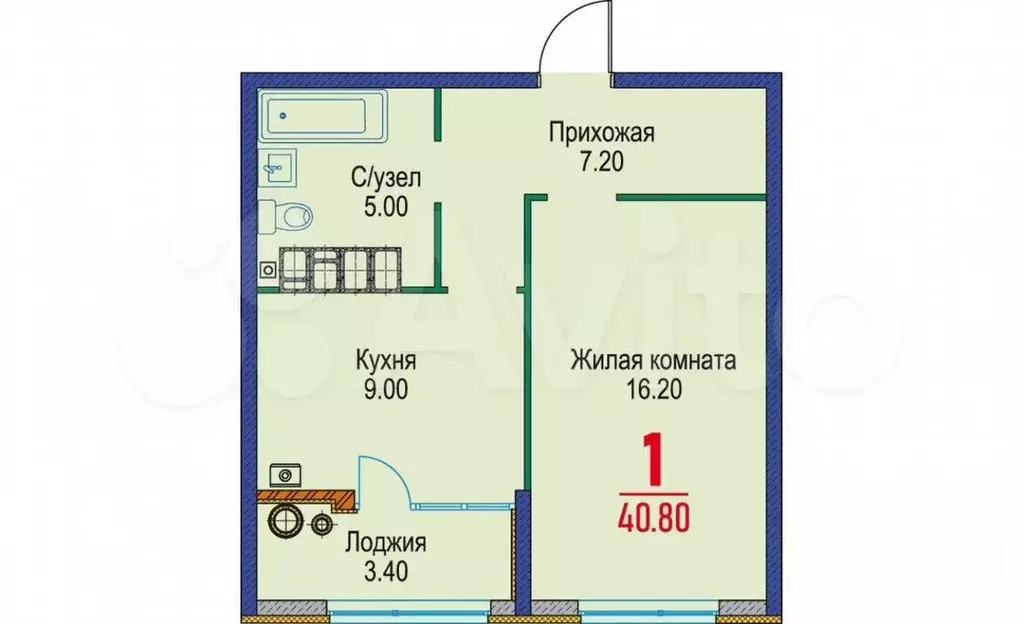 1-к. квартира, 40,8м, 17/22эт. - Фото 1