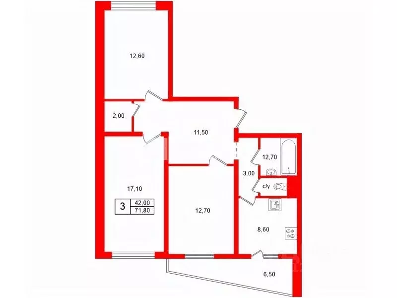 3-к кв. Санкт-Петербург Пулковское ш., 26к7 (71.8 м) - Фото 2