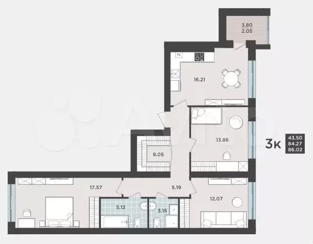 3-к. квартира, 86 м, 2/9 эт. - Фото 1