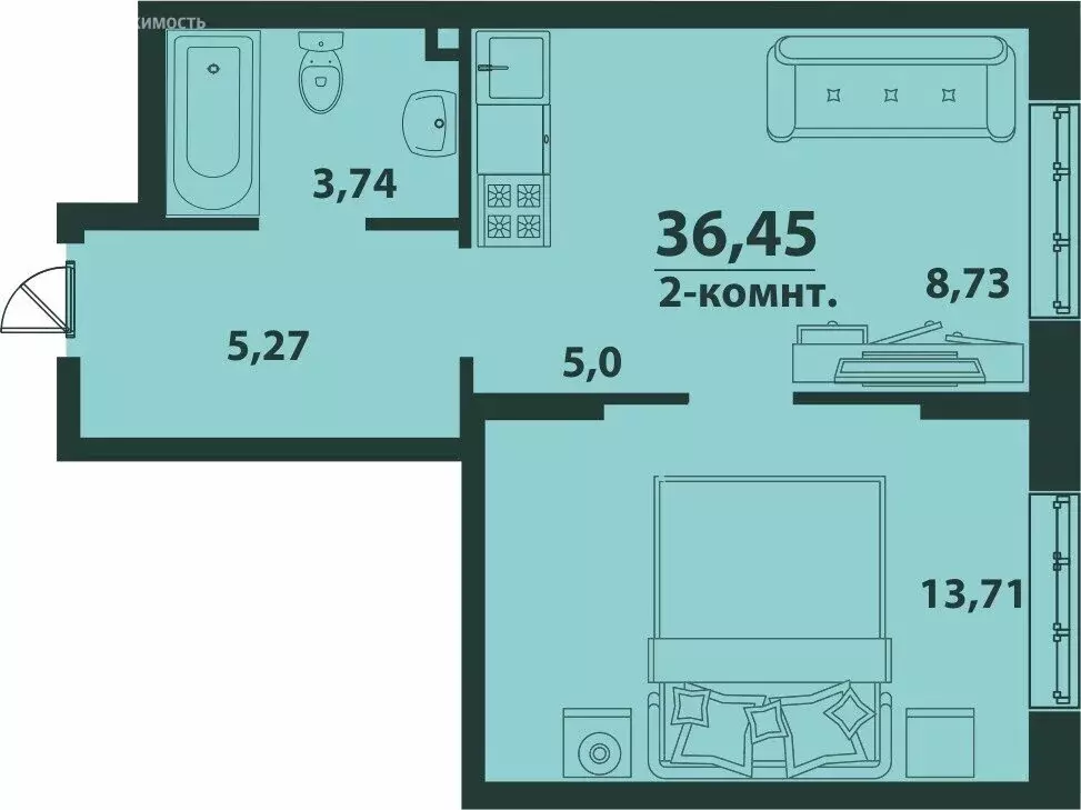 2-комнатная квартира: Ульяновск, улица Аблукова, 22 (36.45 м) - Фото 0