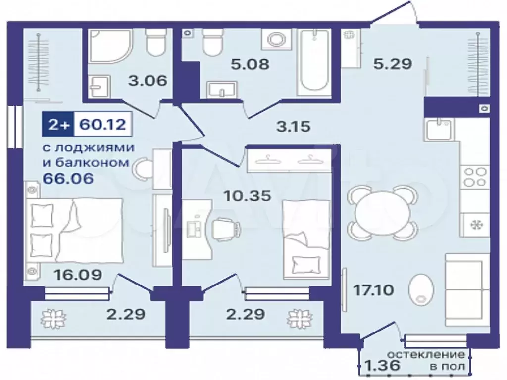 2-к. квартира, 60,1 м, 8/8 эт. - Фото 1