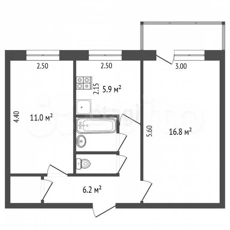 2-к. квартира, 44,5 м, 3/5 эт. - Фото 0