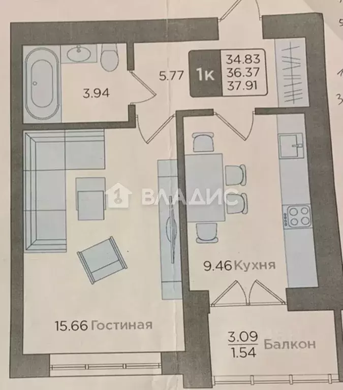 1-к кв. Калининградская область, Калининград Новгородская ул., 3Ак7 ... - Фото 1