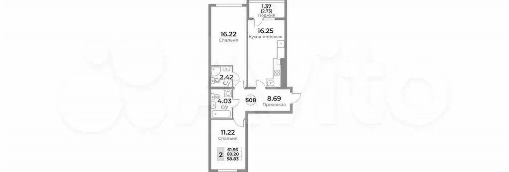 2-к. квартира, 60,2 м, 1/10 эт. - Фото 1