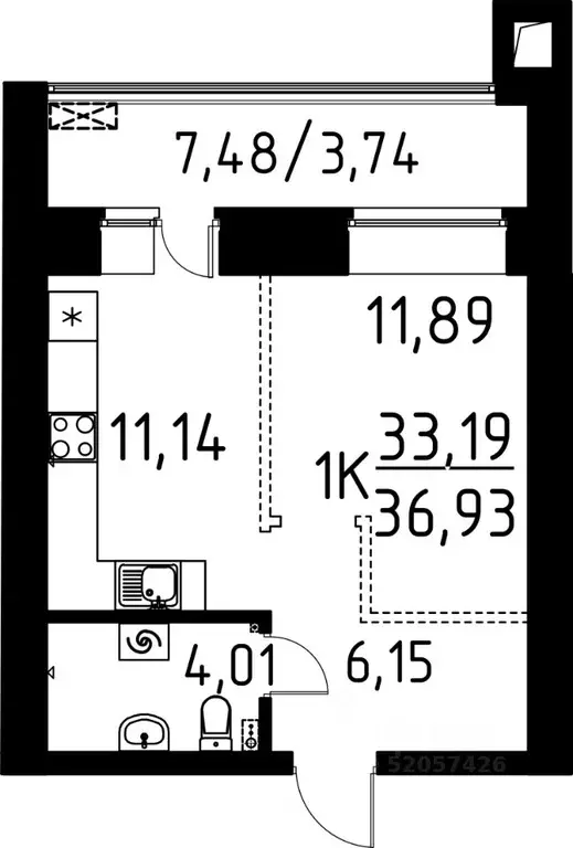 1-к кв. Томская область, Томск ул. Вершинина, 58к2 (36.93 м) - Фото 1