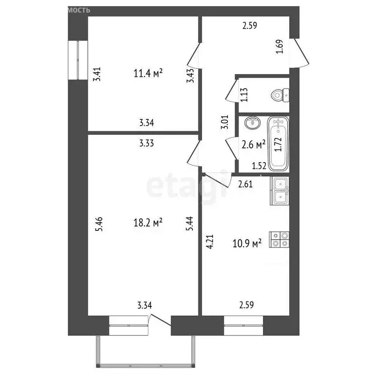 2-комнатная квартира: посёлок Огарково, 22А (52.2 м) - Фото 0