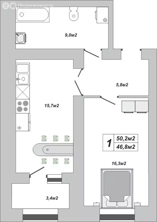 1-комнатная квартира: Тамбов, улица Чичерина, 7к2 (50.2 м) - Фото 1