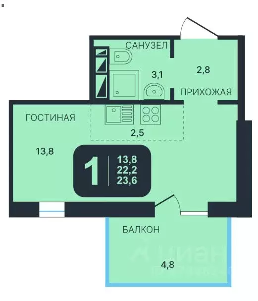 Студия Новосибирская область, Новосибирск ул. Гаранина, 45 (23.6 м) - Фото 0