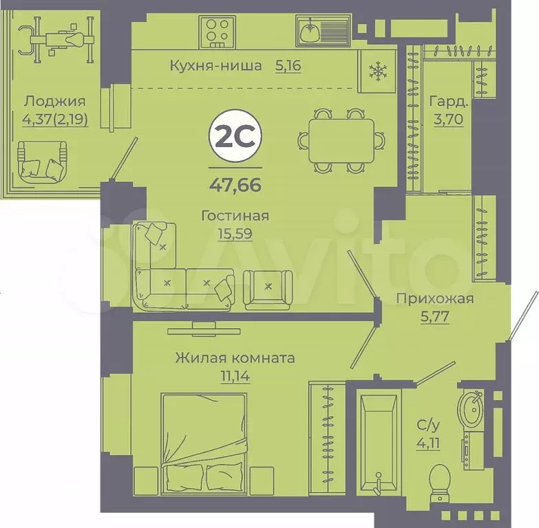 2-к. квартира, 47,7 м, 12/24 эт. - Фото 1