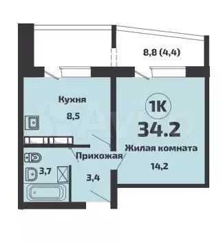 1-к. квартира, 34,2 м, 11/15 эт. - Фото 0