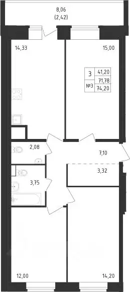 3-к кв. Санкт-Петербург ул. Гудиловская, 9 (74.2 м) - Фото 1