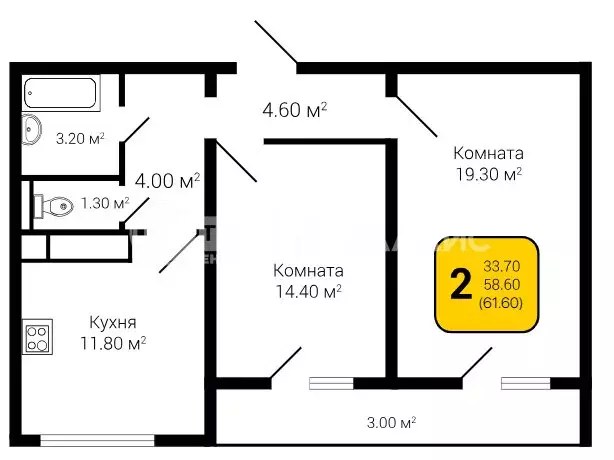 2-комнатная квартира: Воронеж, улица Шишкова, 140Б/23 (61.6 м) - Фото 0