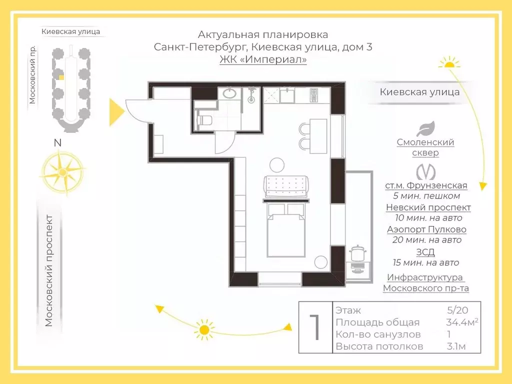 1-к кв. Санкт-Петербург Киевская ул., 3 (38.0 м) - Фото 1