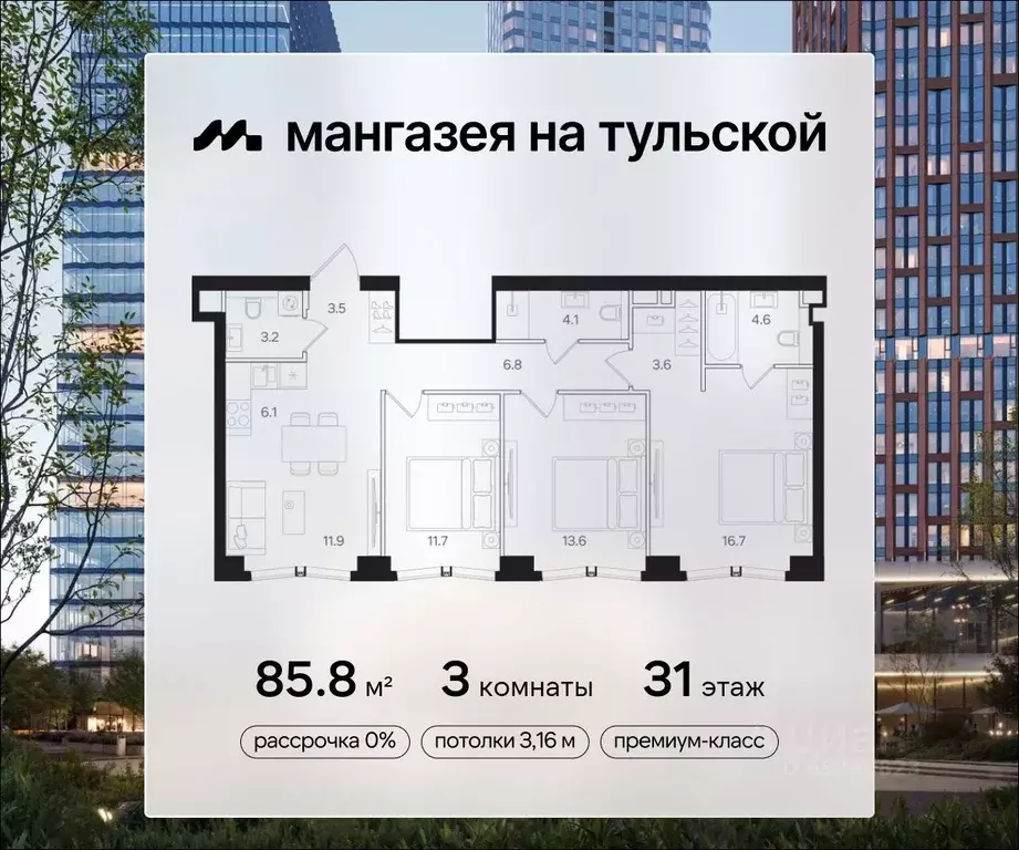 3-к кв. Москва Мангазея на Тульской жилой комплекс (85.8 м) - Фото 0