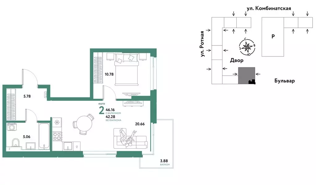 2-комнатная квартира: Екатеринбург, Ленинский район (46.16 м) - Фото 1