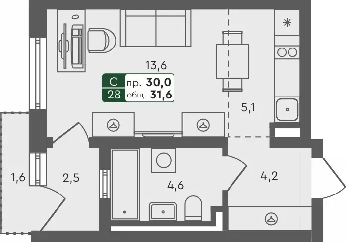 квартира-студия, 31.6 м - Фото 0