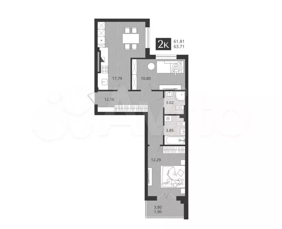 2-к. квартира, 61,8 м, 1/4 эт. - Фото 1
