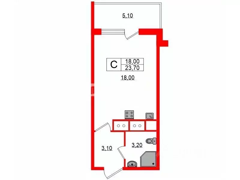 Студия Санкт-Петербург аллея Арцеуловская, 23к1 (23.7 м) - Фото 1