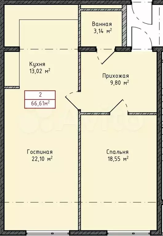 2-к. квартира, 66,6 м, 3/8 эт. - Фото 1