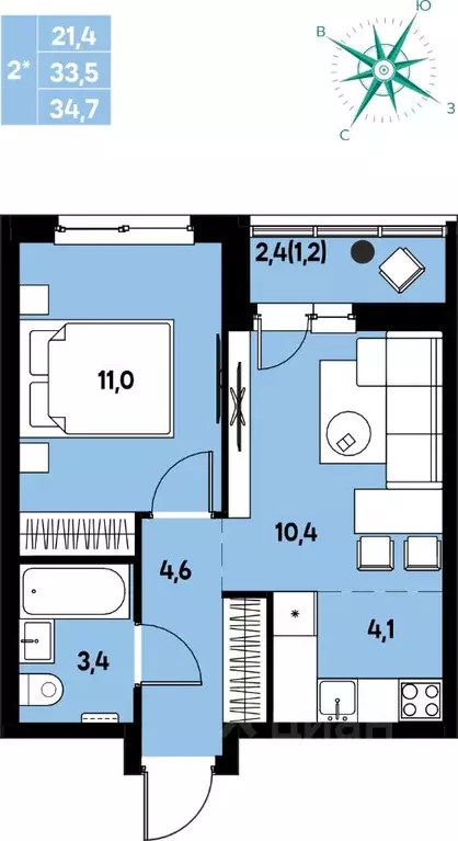 Студия Пермский край, д. Кондратово Мы жилой комплекс (34.7 м) - Фото 1