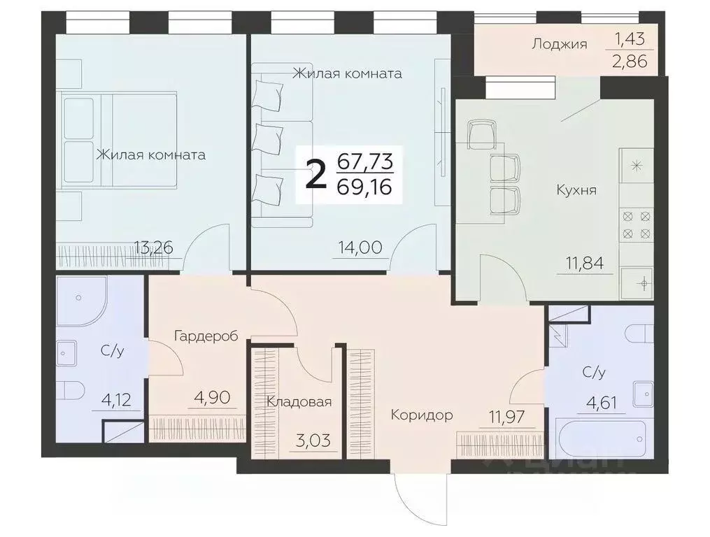 2-к кв. Воронежская область, Воронеж Ленинградская ул., 29Б (69.16 м) - Фото 0