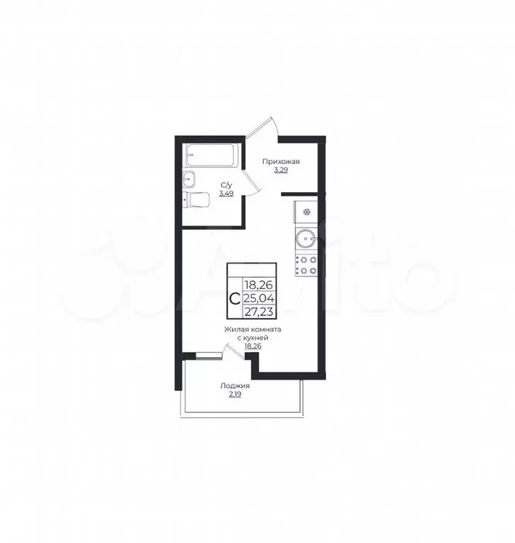 Квартира-студия, 27,2 м, 2/10 эт. - Фото 1