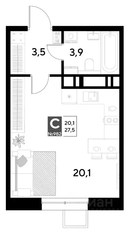 Студия Омская область, Омск Снегири жилрайон,  (27.5 м) - Фото 0