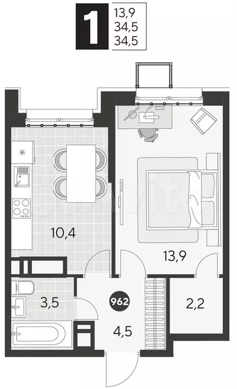 1-к. квартира, 34,5 м, 13/21 эт. - Фото 0