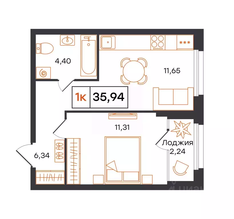 1-к кв. Тюменская область, Тюмень Полевая ул., 117к12 (35.94 м) - Фото 1