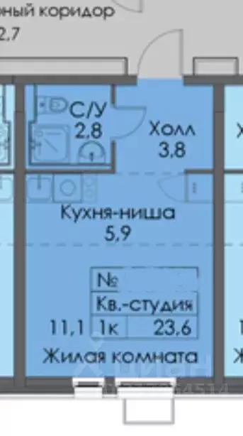 Студия Тюменская область, Тюмень Полевая ул., 117к4 (23.6 м) - Фото 0