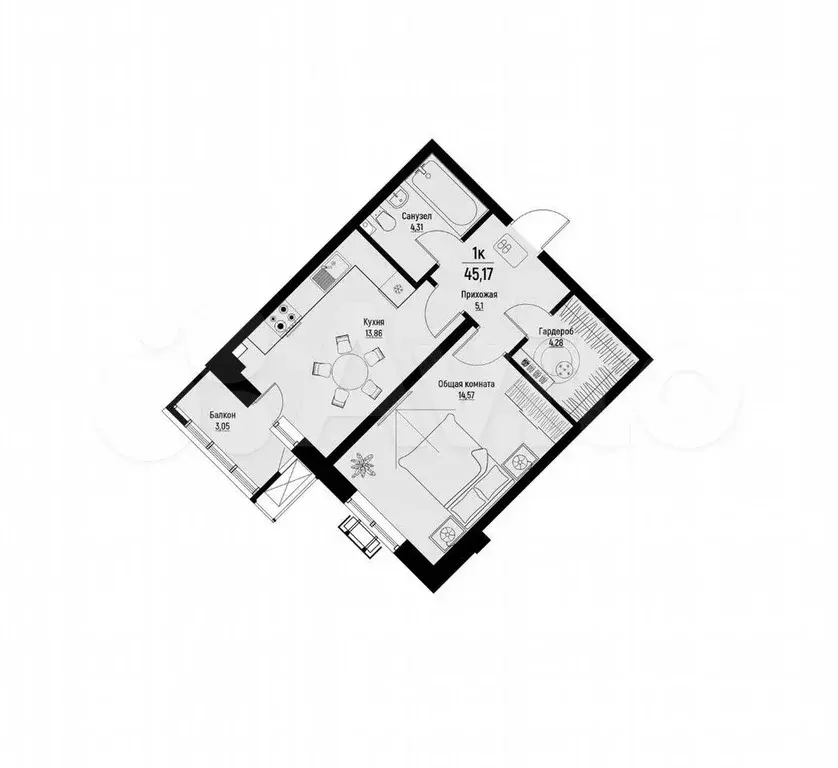 1-к. квартира, 45,2 м, 2/12 эт. - Фото 1