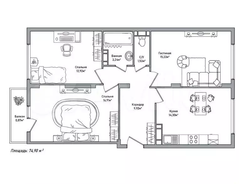 3-к. квартира, 75 м, 5/10 эт. - Фото 0