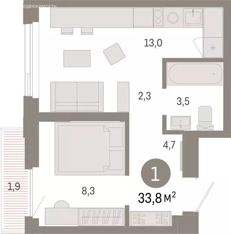 1-комнатная квартира: Тюмень, улица Павла Фитина, 7 (33.81 м) - Фото 2