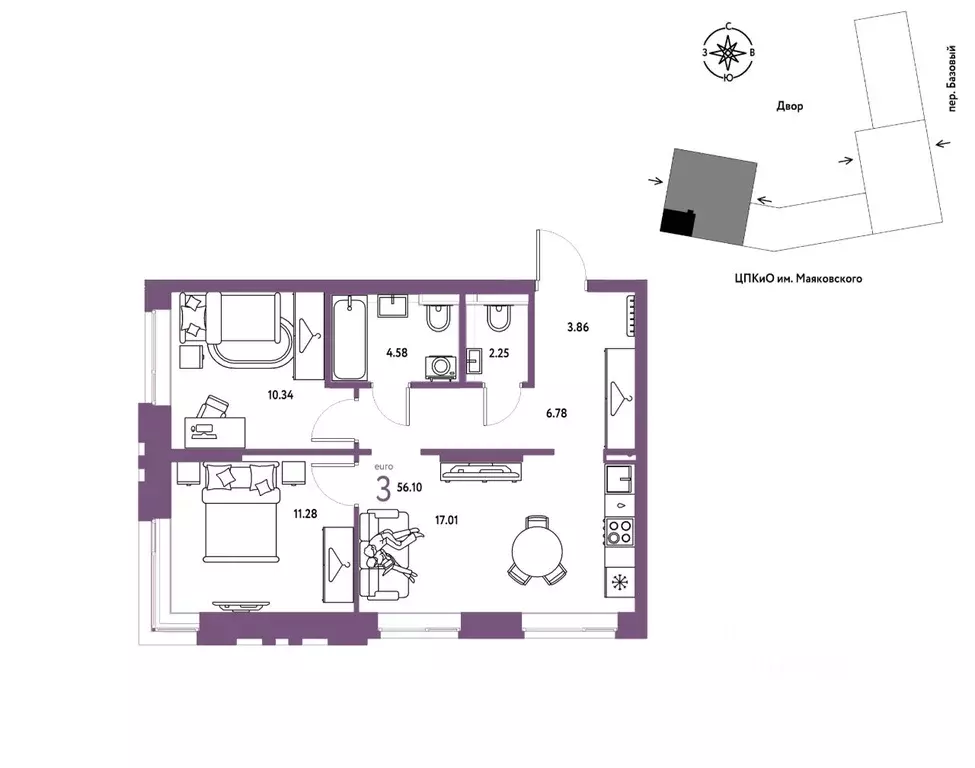 3-к кв. Свердловская область, Екатеринбург пер. Базовый, 10 (56.1 м) - Фото 1