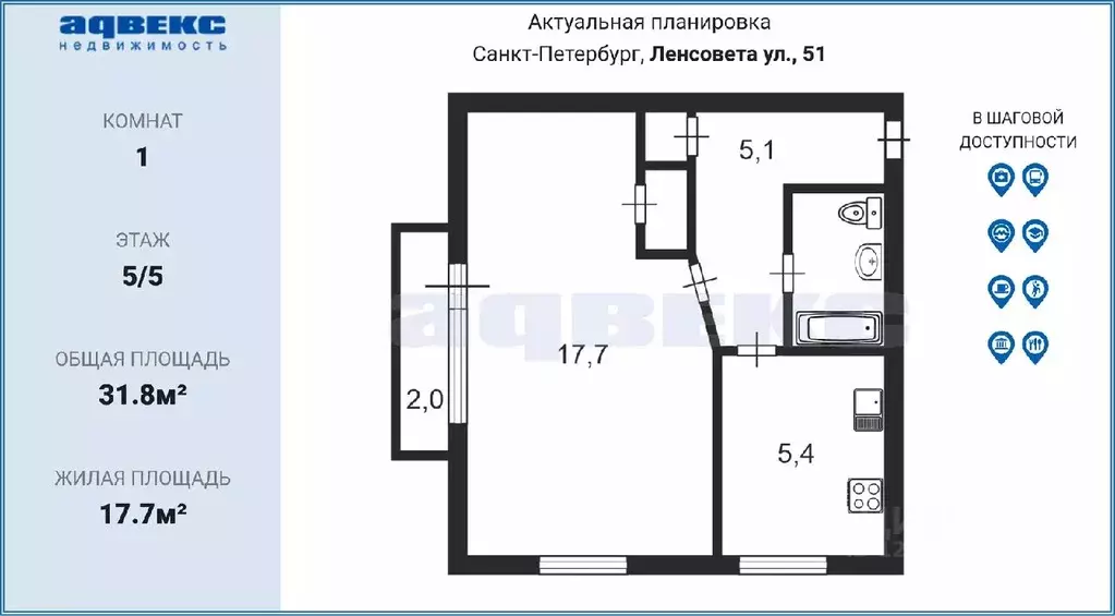 1-к кв. Санкт-Петербург ул. Ленсовета, 51 (31.8 м) - Фото 1